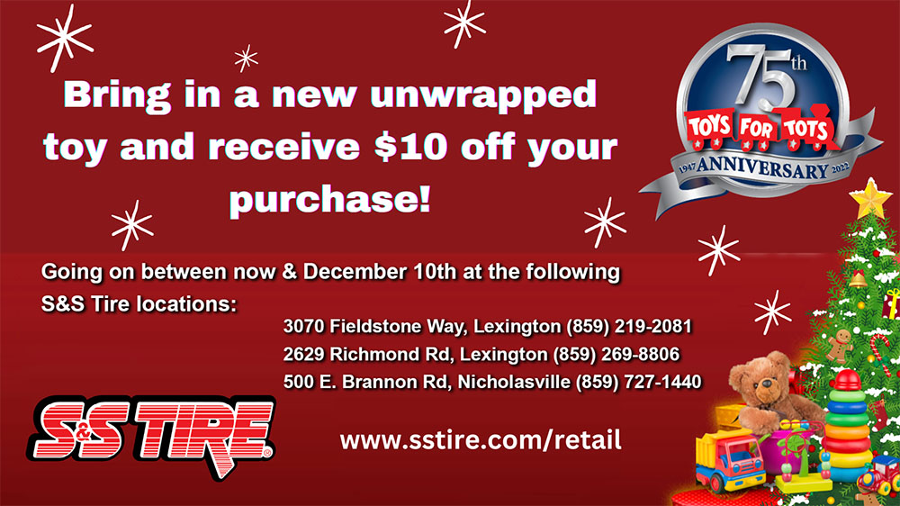 SSTire - Toys for Tots - Bring in a new unwrapped toy and receive $10 off your purchase starting 10/27/2022 through 12/10/2022