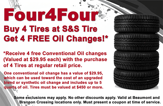 *Receive 4 free Conventional Oil changes (Valued at $29.95 each) with the purchase of 4 Tires at regular retail price.