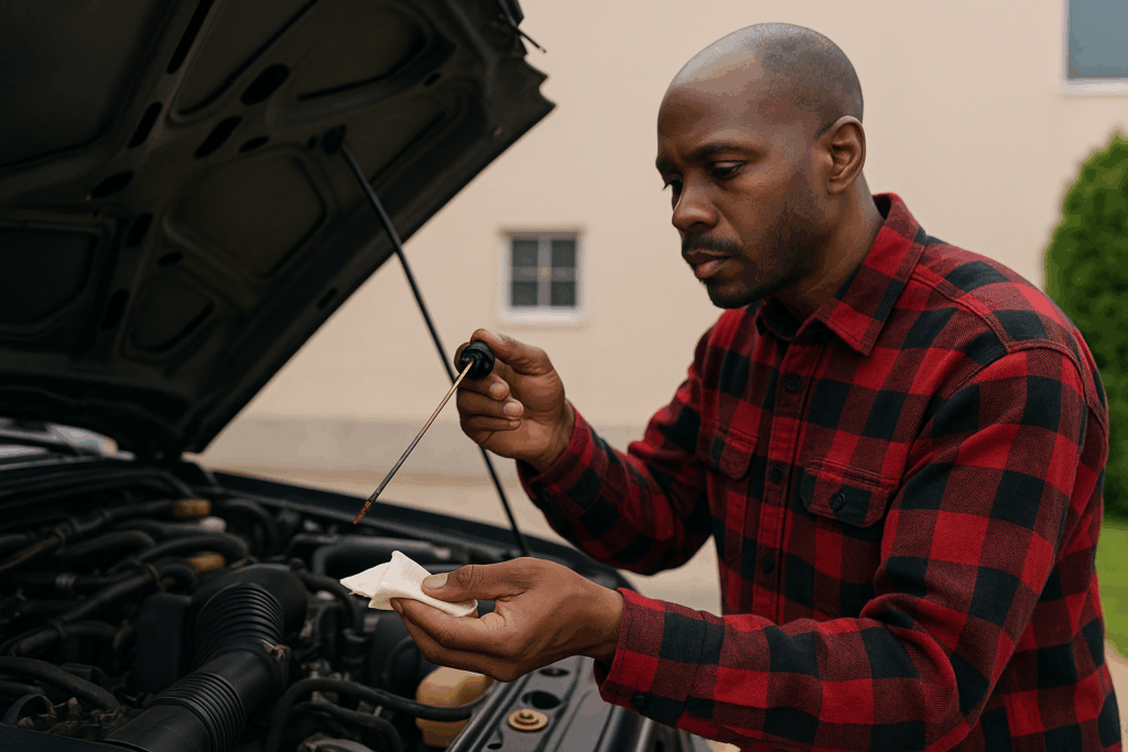 Man Checking Engine Oil in Car