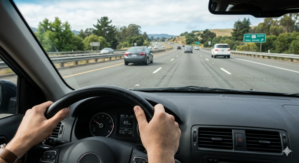 Driver's perspective looking through windshield down road, hands on steering wheel